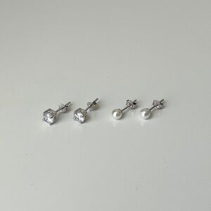 Sterling Silver 925 Stud Earrings CZ + Faux Pearl (2 Pairs) | NWOT
